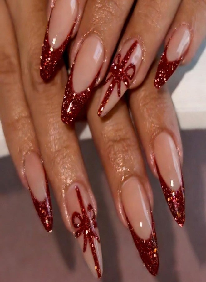 ASABITE 24Pcs Glitter Christmas Press on Nails Long Stiletto Fake Nails with Bow and Ribbon Design Red French Tip False Nails Reusable Christmas Nails Press ons Full Cover Artificial Stick on Nail for Women - Image 1