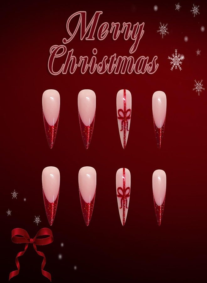 ASABITE 24Pcs Glitter Christmas Press on Nails Long Stiletto Fake Nails with Bow and Ribbon Design Red French Tip False Nails Reusable Christmas Nails Press ons Full Cover Artificial Stick on Nail for Women - Image 4