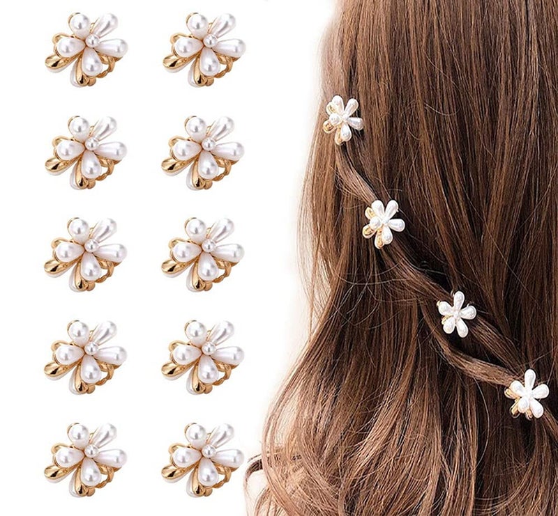 LINXI 10 Pcs Small Mini Pearl Claw Clips with Flower Design, Sweet Artificial Bangs Clips Decorative Hair Accessories for Women Girls - Image 1