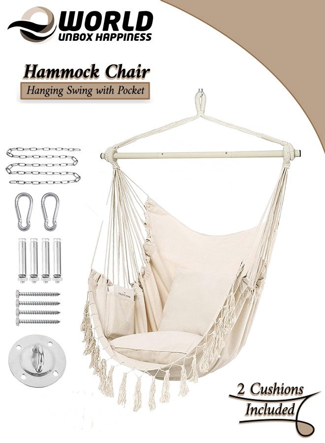 إي وورلد كرسي شبكة الهاموك المعلق، مرفوع بحبل الأرجوحة، نسيج قطني عالي الجودة، تصميم ماكرامي كبير مع جيب و2 وسادة، يتحمل حتى 330 رطلاً. ميزات سهولة التنقل، مثالي للشرفة، التراس، الفناء الخلفي. - Image 1