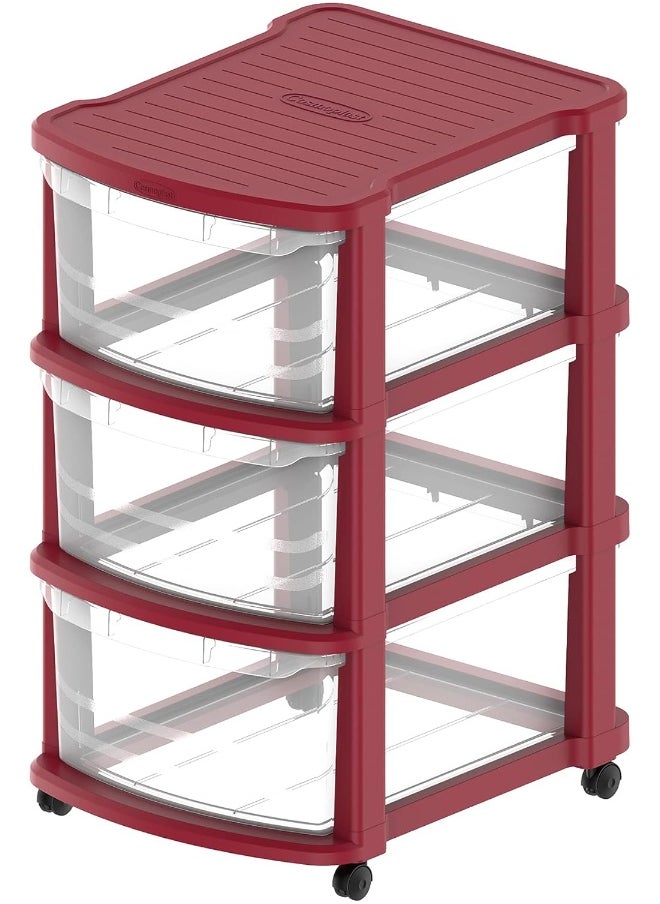 Cosmoplast 3 Tier Multipurpose Storage Cabinet With Wheels  (Dark Red) & Translucent Drawers  - Image 1