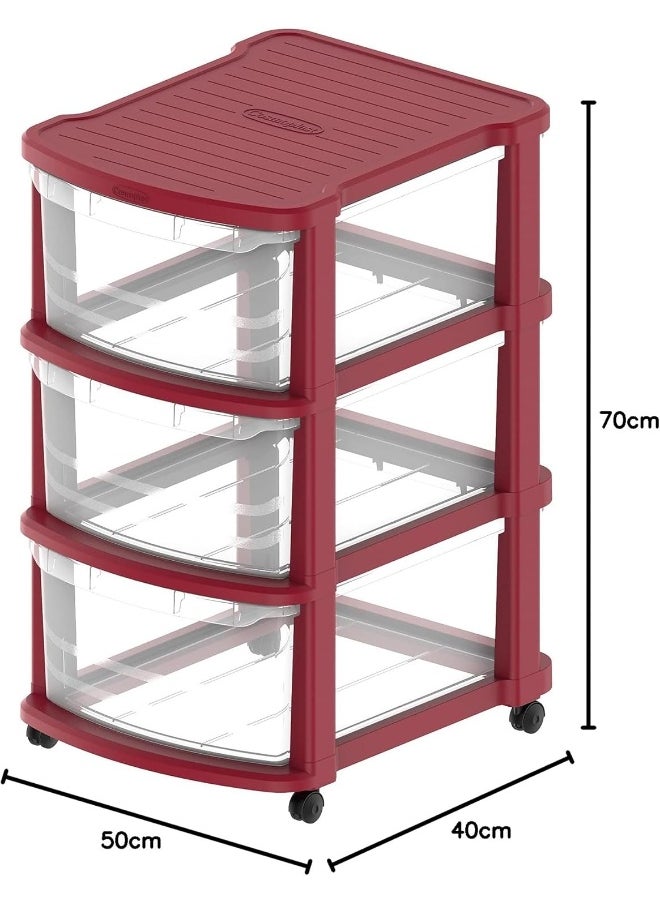 Cosmoplast 3 Tier Multipurpose Storage Cabinet With Wheels  (Dark Red) & Translucent Drawers  - Image 2
