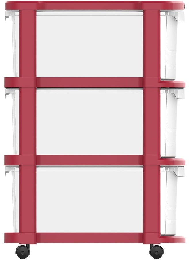 Cosmoplast - 3 Tier Multipurpose Storage Cabinet With Wheels  (Dark Red) & Translucent Drawers - Image 1