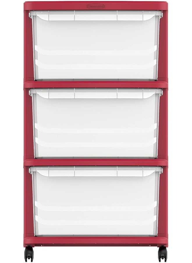 Cosmoplast - 3 Tier Multipurpose Storage Cabinet With Wheels  (Dark Red) & Translucent Drawers - Image 1