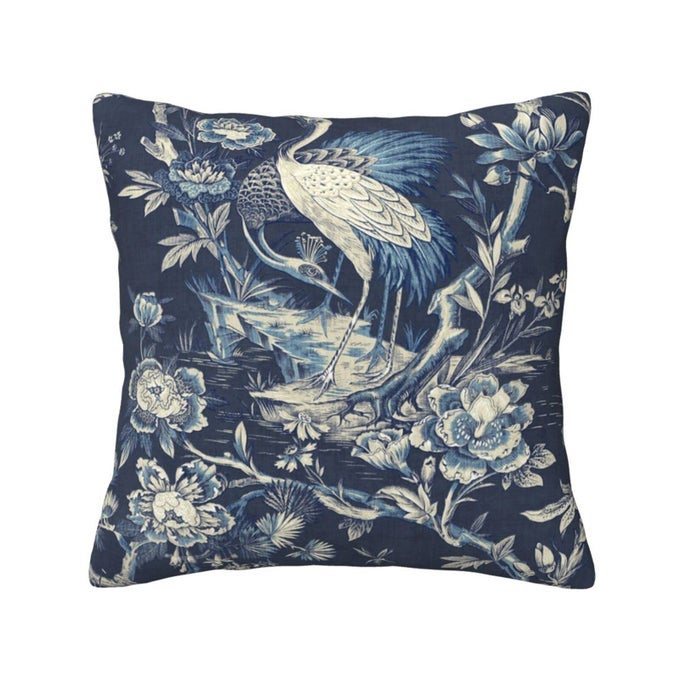 CHINOISERIE PILLOW COVER CUSHION COVER NAVY BLUE CRANE FLORALS THROW PILLOW COVERS 18X18 INCH ASIAN LINEN PILLOW COVERS FOR SOFA CAR LIVING ROOM BEDROOM OUTDOOR HOME DECOR PILLOW CASES