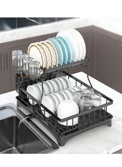 2 Tiers Dish Drying Stand With Rotatable Drainage System Black