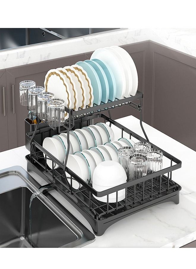 Haidue - 2 Tiers Dish Drying Stand With Rotatable Drainage System Black - Image 1