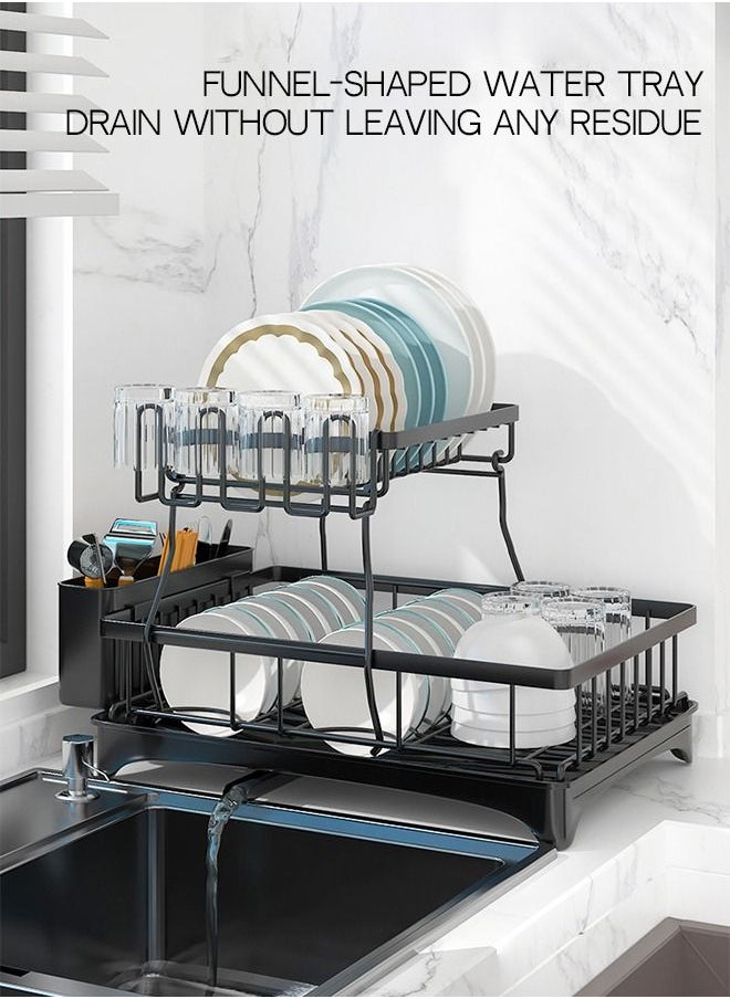 Haidue - 2 Tiers Dish Drying Stand With Rotatable Drainage System Black - Image 1