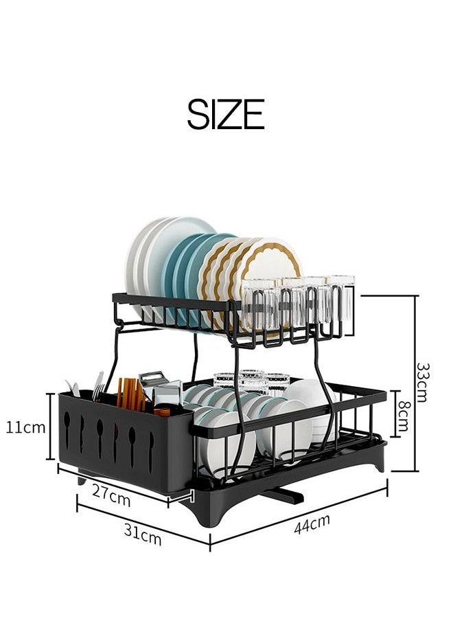 Haidue - 2 Tiers Dish Drying Stand With Rotatable Drainage System Black - Image 1