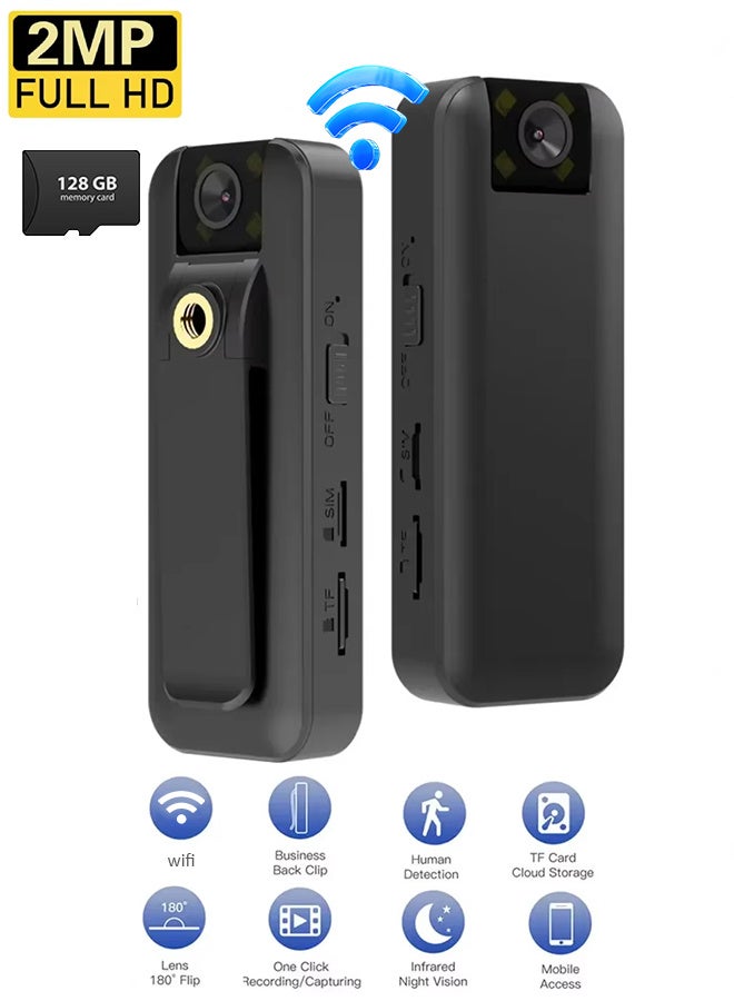 WIFI Body Camera Wireless Mini Cam 1080P High Definition Video Recorder, With 180 Degree Rotating Lens, Worn Police Small Body Cam Night Vision Vlog Recorder(included 128G Card)  - Image 1