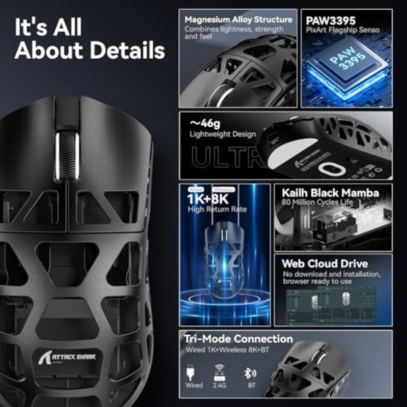 ATTACK SHARK R3 Magnesium Alloy Mouse Wireless 8K Mouse 46g SUPERLIGHT Mouse PixArt PAW3395 Gaming Sensor BT 2.4G Wired Gaming Mouse Adjustable DPI 26000 Office Mice for Win11 Xbox PS Mac -Black - Image 4