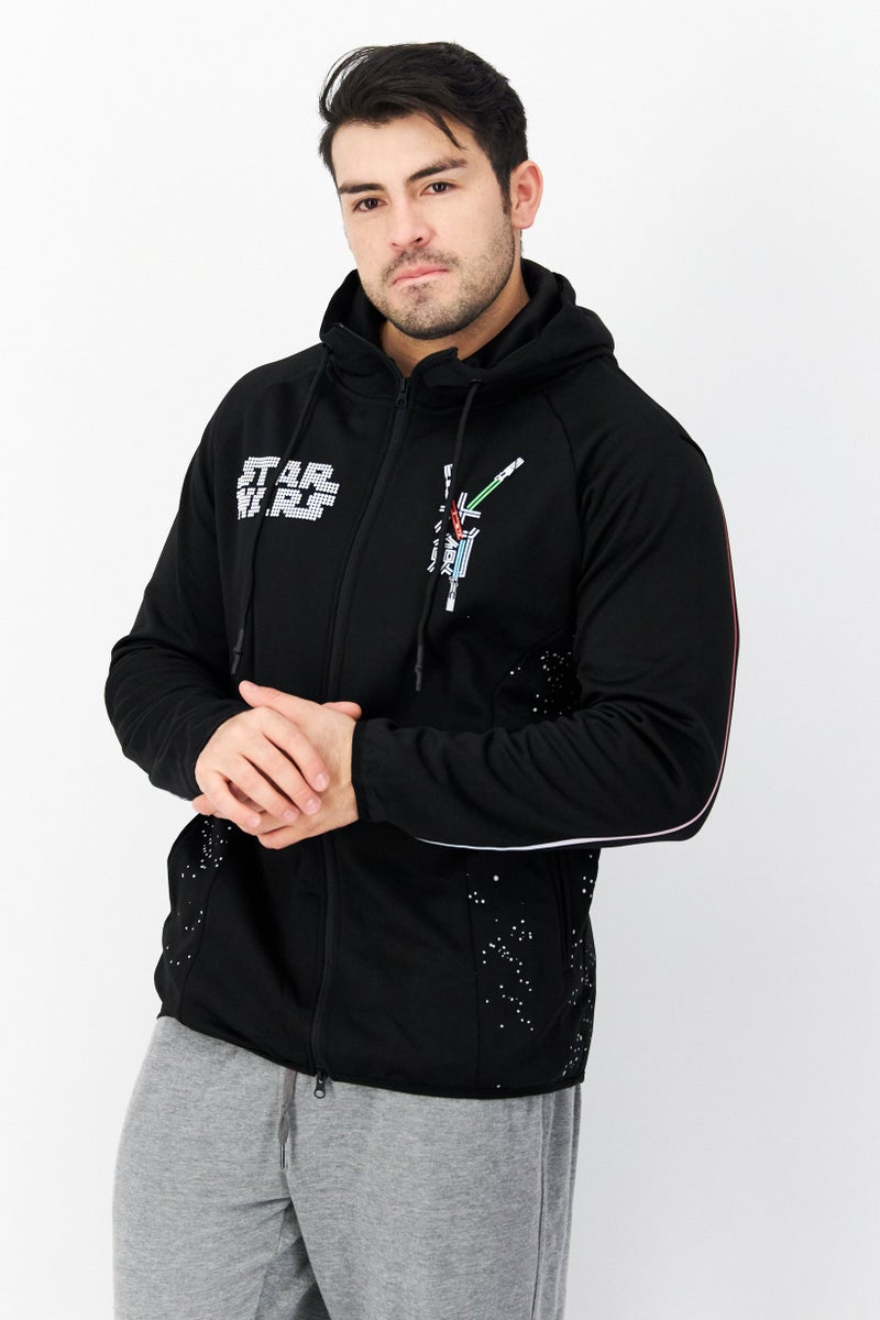 DIFUZED Men Hooded Long Sleeve Full Zip Graphic Print Sweatshirt, Black - Image 1