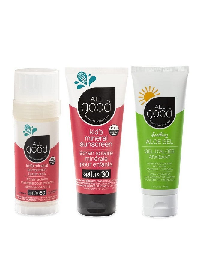 All Good Makes Everything Better All Good Kids & Baby Mineral Sunscreen & Aloe Gel Bundle - UVA/UVB Broad Spectrum, Water Resistant, Zinc Oxide - Includes (1) SPF 50 Butter Stick, (1) SPF 30 Lotion, & (1) Aloe Gel - Image 1