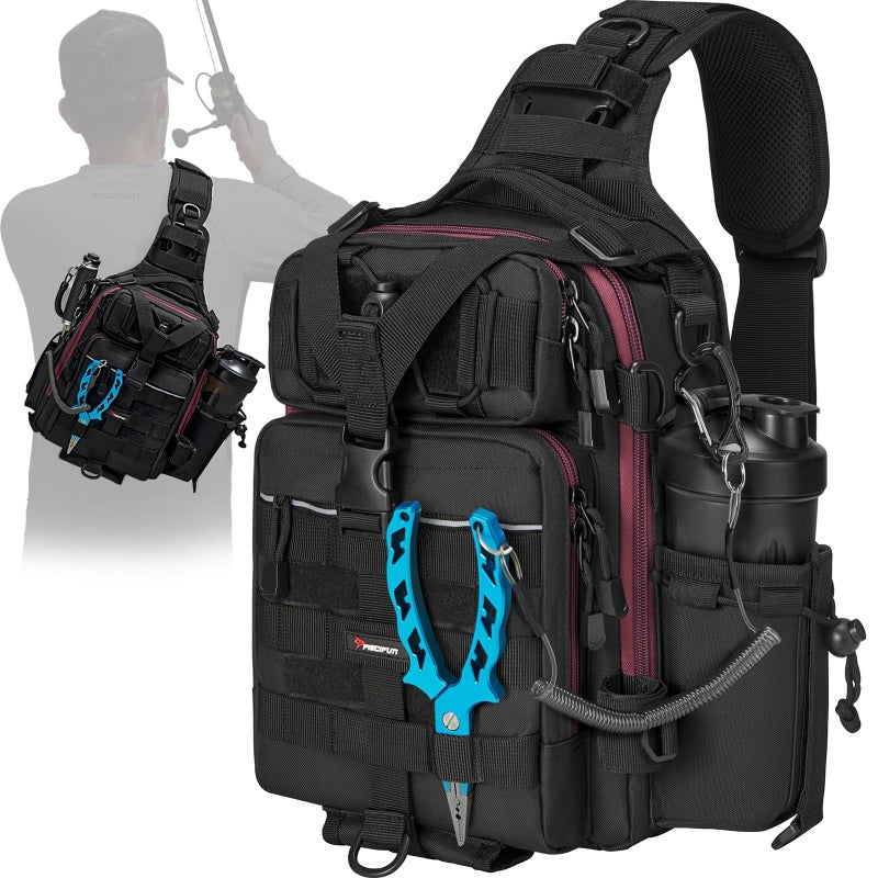 Piscifun Fishing Tackle Bag with Rod & Gear Holder, Lightweight Sling Tackle Storage Bag, Outdoor Fishing Shoulder Pack for Fishing, Hiking, Hunting, Black - Image 1