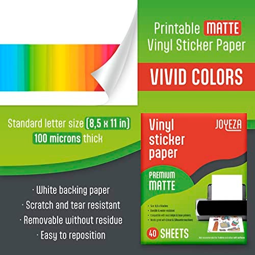 JOYEZA Premium Printable Vinyl Sticker Paper for Inkjet Printer - 40 Sheets Matte White Waterproof, Dries Quickly Vivid Colors, Holds Ink Well- Tear Resistant - Inkjet & Laser Printer - Image 2
