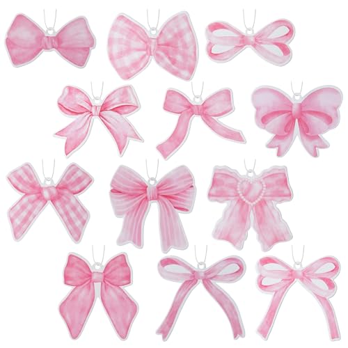 A1diee 12Pcs Pink Coquette Bow Car Air Freshener Hanging Aesthetic Car Diffuser Ornaments Refresh Air Fragrant Pendant Car Interior with Essential Oils Gift Set LongLasting for Car Accessories Decor - Image 1