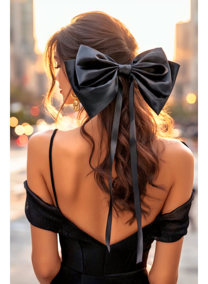 فيونكة شعر ساتان كبيرة لون أسود - Image 2