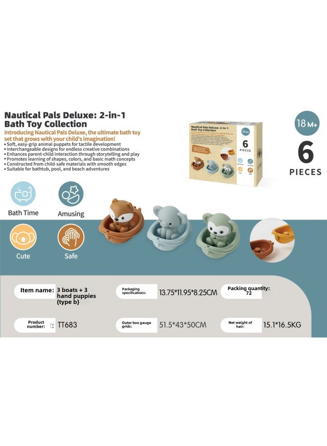 لعبة حمام الأطفال، قارب عائم، تكديس مياه الاستحمام للرضع، دمية يد حيوانية من الفينيل - اللون: 3 قوارب + 3 جراء يد حيوانات (فيل + قرد + ثعلب) - Image 1