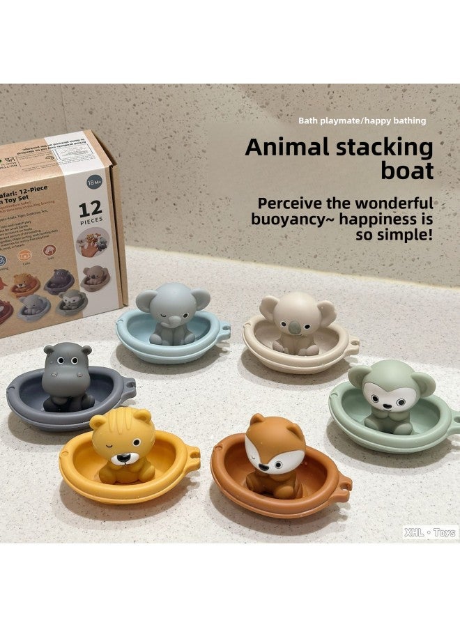 لعبة حمام الأطفال، قارب عائم، تكديس مياه الاستحمام للرضع، دمية يد حيوانية من الفينيل - اللون: 3 قوارب + 3 جراء يد حيوانات (فيل + قرد + ثعلب) - Image 2