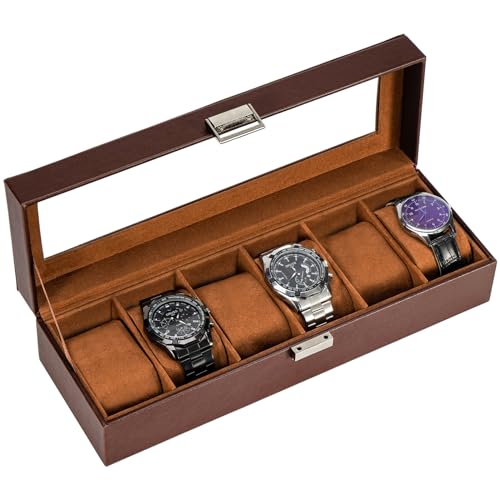 ProCase Watch Box for Men 6 Slot Mens Watch Case Watch Storage Watch Holder Organizer for Men Watch Display Case With Glass Lid 6 Slot Espresso