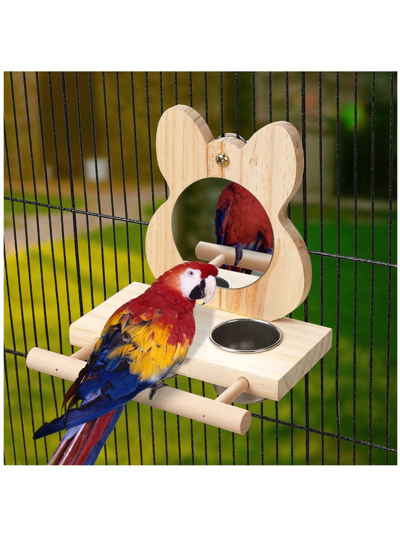 Bird Perch with Mirror and Stainless Steel Feeding Cups,Wooden Parrot Mirror Toy for Bird Cage, Bird Food water Feeder Perches for Budgie Parakeet Lovebird African Grey Macaw Cockatiels, And Fun Play - Image 3