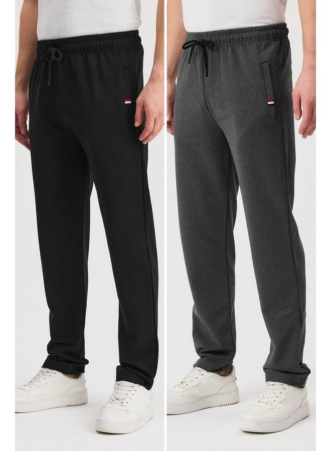 Black-Anthracite Men's 2-Pack Casual Sweatpants with Zippered Pockets, Embroidered Detail, Straight-Leg and Relaxed Fit.