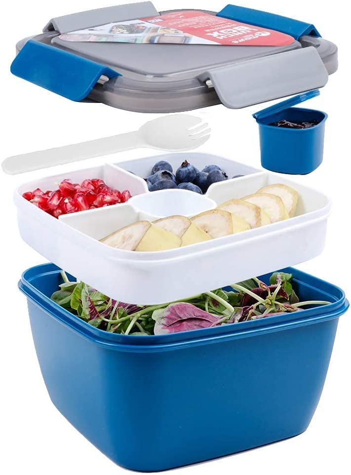 Greentainer 52 OZ to Go Salad Container Lunch Box BPAFree 3Compartment for Salad Toppings and Snacks Bowl with Dressing Container Builtin Reusable Spoon Microwave SafeNavy