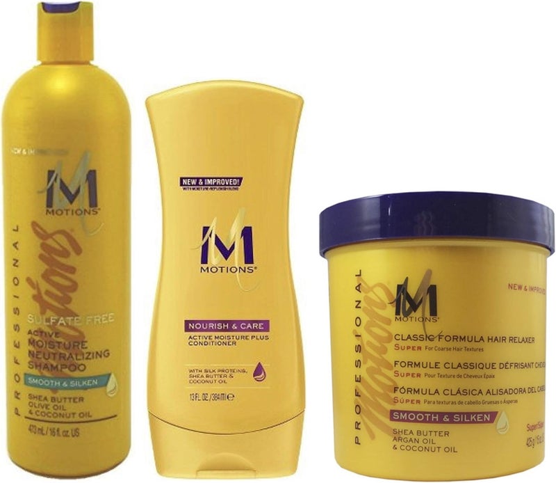 Motions Hair Care Set Neutralizing Shampoo 16oz Moisture Plus Conditioner 13oz Super Hair Relaxer 15oz Coarse Hair Honey Scent Keratin Moisturizing