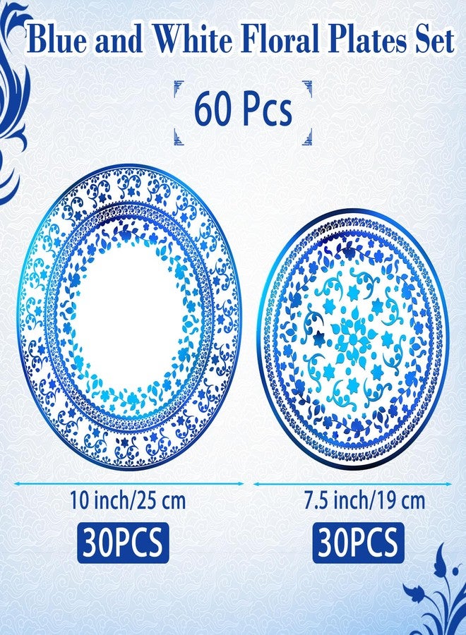 Layhit طقم صحون زهور زرقاء وبيضاء من لايهيت 60 قطعة صحون بلاستيكية قابلة للاستخدام لمرة واحدة لـ 30 ضيف 30 قطعة صحون عشاء 10 بوصة و30 قطعة صحون حلوى 7.5 بوصة لمستلزمات حفلات الزفاف وحفلات الاستحمام وحفلات عيد الميلاد - Image 2