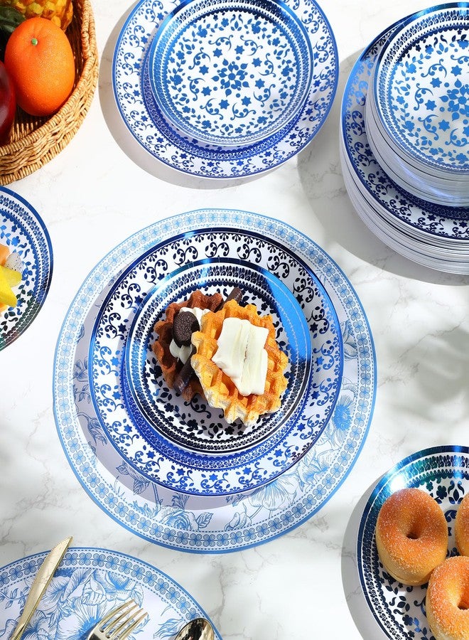 Layhit طقم صحون زهور زرقاء وبيضاء من لايهيت 60 قطعة صحون بلاستيكية قابلة للاستخدام لمرة واحدة لـ 30 ضيف 30 قطعة صحون عشاء 10 بوصة و30 قطعة صحون حلوى 7.5 بوصة لمستلزمات حفلات الزفاف وحفلات الاستحمام وحفلات عيد الميلاد - Image 5