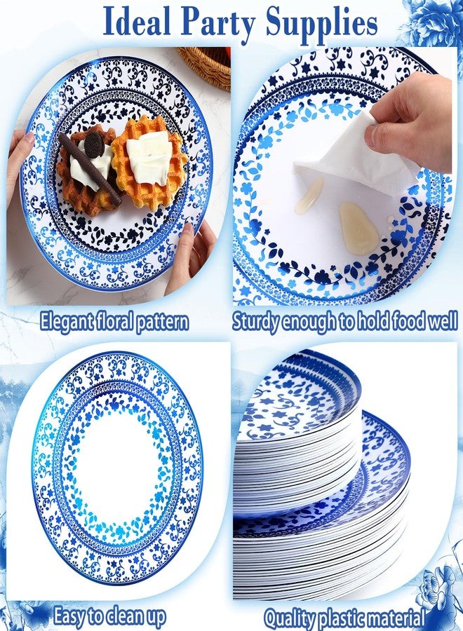 Layhit طقم صحون زهور زرقاء وبيضاء من لايهيت 60 قطعة صحون بلاستيكية قابلة للاستخدام لمرة واحدة لـ 30 ضيف 30 قطعة صحون عشاء 10 بوصة و30 قطعة صحون حلوى 7.5 بوصة لمستلزمات حفلات الزفاف وحفلات الاستحمام وحفلات عيد الميلاد - Image 3