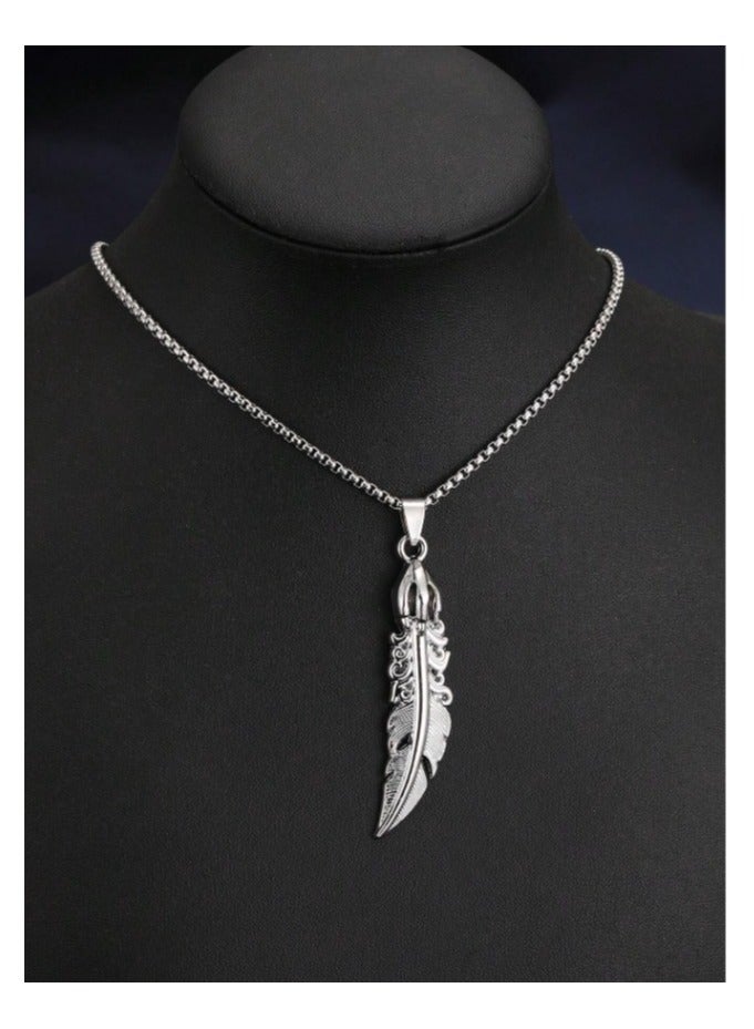 MARIO DRAFTS Vintage Feather Pendant Necklace, Stainless Steel Chain, Silver - Image 1