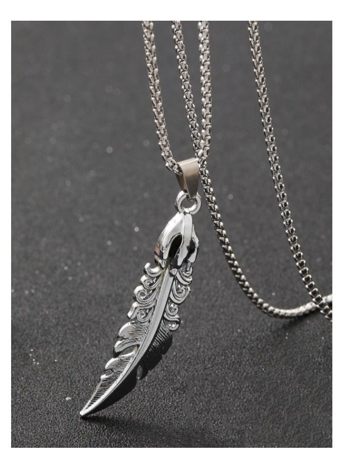 MARIO DRAFTS Vintage Feather Pendant Necklace, Stainless Steel Chain, Silver - Image 2