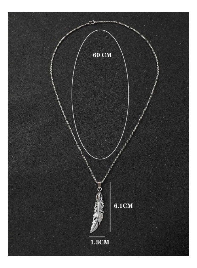 MARIO DRAFTS Vintage Feather Pendant Necklace, Stainless Steel Chain, Silver - Image 3