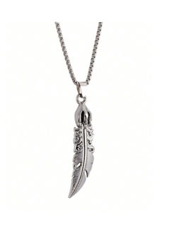 MARIO DRAFTS Vintage Feather Pendant Necklace, Stainless Steel Chain, Silver  - Image 4