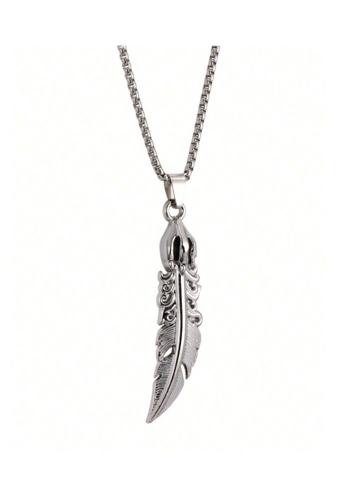 MARIO DRAFTS Vintage Feather Pendant Necklace, Stainless Steel Chain, Silver - Image 4