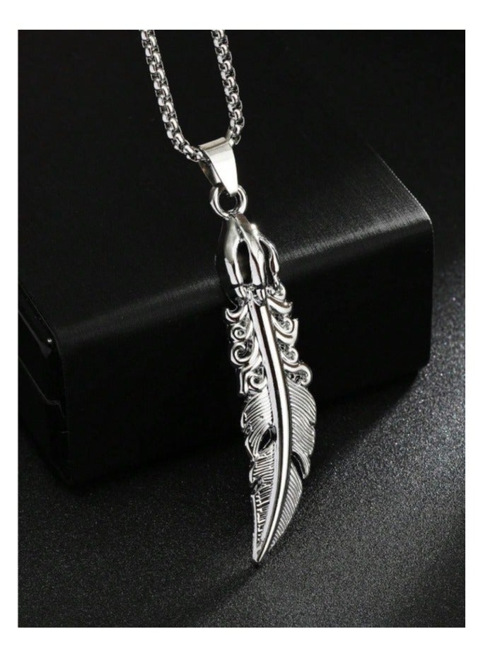 MARIO DRAFTS Vintage Feather Pendant Necklace, Stainless Steel Chain, Silver - Image 5
