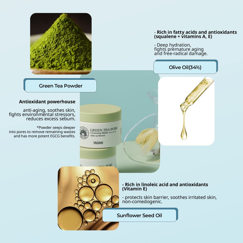 YADAH بلسم تنظيف الشاي الأخضر من ياده (3.38 أونصة سائلة) - مزيل مكياج، مرطب، خالي من بقايا. العناية بالبشرة الكورية. نباتي، مضاد للحساسية. - Image 4