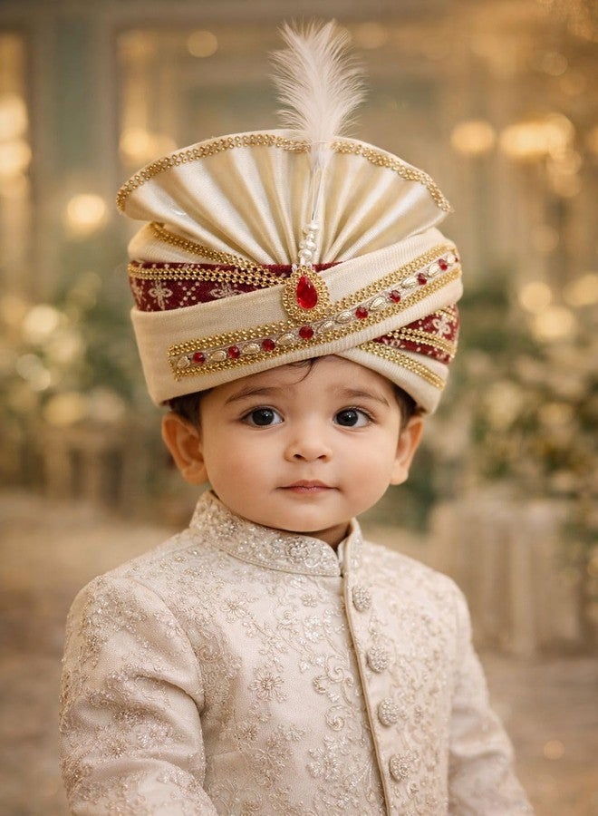 Mithila royal عمامة أطفال لحفلات الزفاف | عمامة للأطفال | عمامة شاروالا ملكية جاهزة | عمامة زفاف هندية تقليدية للأعمار من 2 إلى 10 سنوات | إكسسوار احتفالي ومناسبات الزفاف (لون كريمي وعنابي) - Image 2