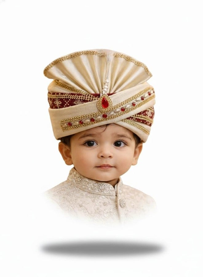Mithila royal عمامة أطفال لحفلات الزفاف | عمامة للأطفال | عمامة شاروالا ملكية جاهزة | عمامة زفاف هندية تقليدية للأعمار من 2 إلى 10 سنوات | إكسسوار احتفالي ومناسبات الزفاف (لون كريمي وعنابي) - Image 1