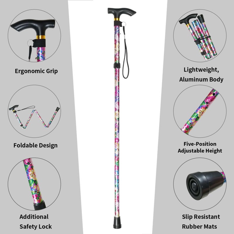 CLOKTA Folding Cane, 5-Level Adjustable Height Lightweight Portable Foldable Walking Canes with Wrist Strap and T Handle for Men Women Seniors (Big Pink Flowers) - Image 3