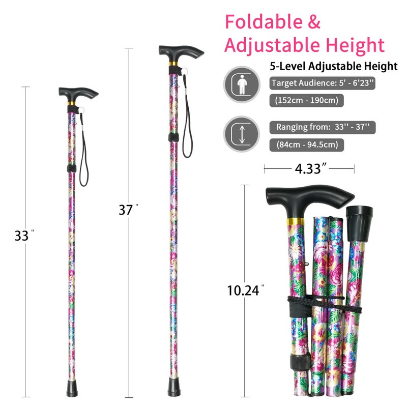 CLOKTA Folding Cane, 5-Level Adjustable Height Lightweight Portable Foldable Walking Canes with Wrist Strap and T Handle for Men Women Seniors (Big Pink Flowers) - Image 2