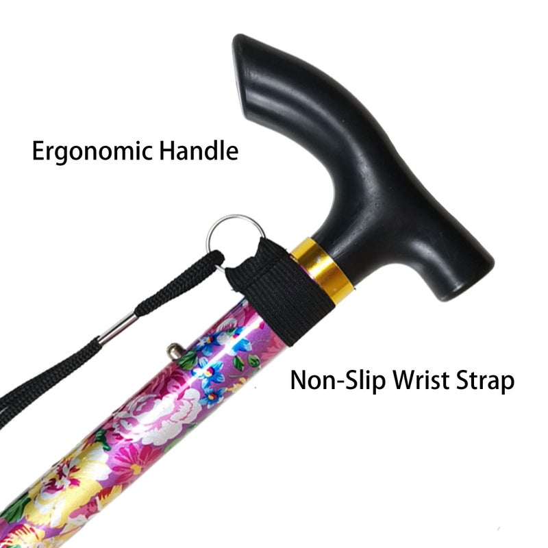 CLOKTA Folding Cane, 5-Level Adjustable Height Lightweight Portable Foldable Walking Canes with Wrist Strap and T Handle for Men Women Seniors (Big Pink Flowers) - Image 5
