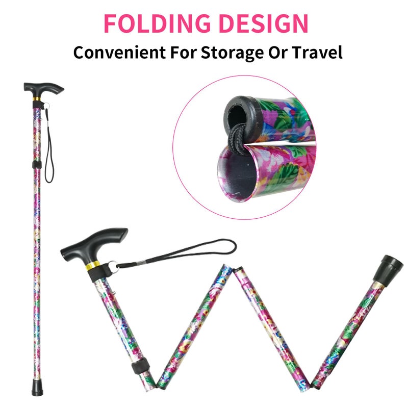 CLOKTA Folding Cane, 5-Level Adjustable Height Lightweight Portable Foldable Walking Canes with Wrist Strap and T Handle for Men Women Seniors (Big Pink Flowers) - Image 4