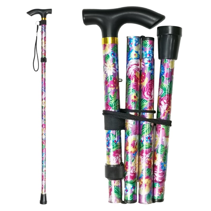 CLOKTA Folding Cane, 5-Level Adjustable Height Lightweight Portable Foldable Walking Canes with Wrist Strap and T Handle for Men Women Seniors (Big Pink Flowers) - Image 1