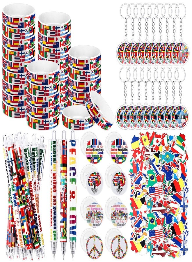 Sinload 338 Pcs Christmas Around The World International Party Favors Around The World Map Stickers Country Flags Pens Wristbands Keychains Badge Pins for History Geography Social Studies - Image 1