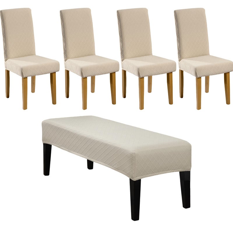 HAOYONG Dining Room Chair Cover Jacquard Chair Slipcover Washable Parsons Chair Slipcover Removable Seat Protector for Dining Room Hotel Ceremony Restaurant - 4 PCS Chair Cover+1 PC Bench Cover - Image 1