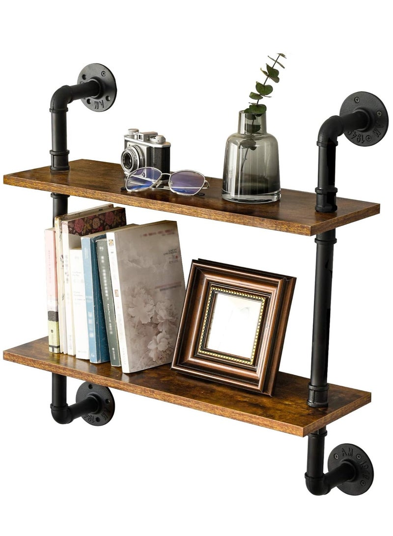 XiuWoo 2 Tier Unique Wood Wall Mounted Floating Shelves, Industrial Pipe Shelves, Rustic Hanging Shelf Storage Rack, Punk Style Home Display Rack, Retro Home Storage Rack, Plant Rack for Home, Office - Image 1