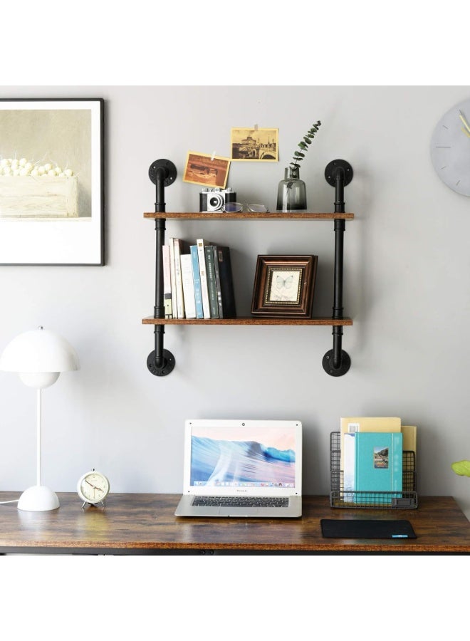 XiuWoo 2 Tier Unique Wood Wall Mounted Floating Shelves, Industrial Pipe Shelves, Rustic Hanging Shelf Storage Rack, Punk Style Home Display Rack, Retro Home Storage Rack, Plant Rack for Home, Office - Image 4