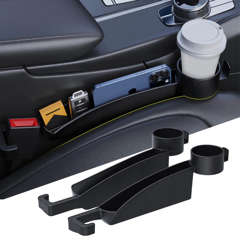 DDTPDE Car Seat Gap Filler Set of 2, Upgraded Car Side Seat Gap Fillers with Organizer, Cup Holder & Hook Function, Inserts Between Front Seats Console Catcher 4in1 Gap Stopper Fill Plug Storage Box (Black) - Image 1